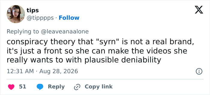 A tweet discusses a conspiracy theory about SYRN Lingerie being a front for Sydney Sweeney's videos.