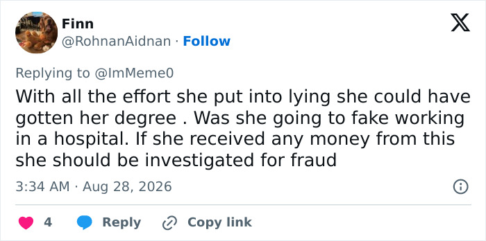 A tweet from Finn about an influencer lying about her career journey and suggesting a fraud investigation. A tweet from Finn about an influencer lying about her career journey and suggesting a fraud investigation.