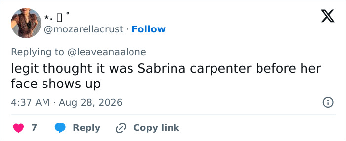 A tweet mistaking Sydney Sweeney for Sabrina Carpenter in the SYRN lingerie video before her face appears.