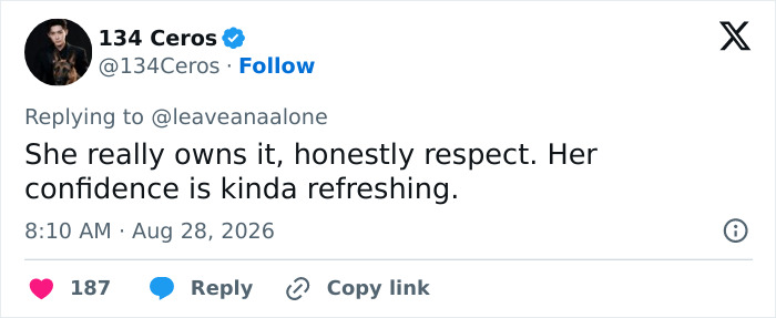 Twitter comment praising Sydney Sweeney's SYRN lingerie video look, stating she owns it with refreshing confidence.