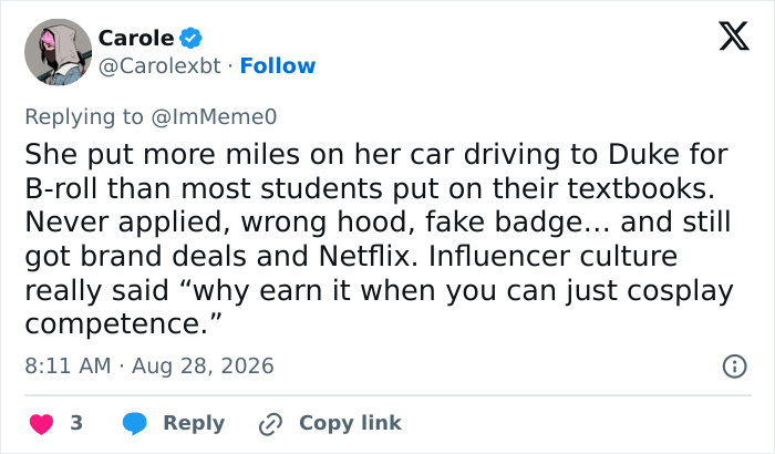 A tweet from Carole discussing an influencer lying about her career journey and influencer culture. A tweet from Carole discussing an influencer lying about her career journey and influencer culture.