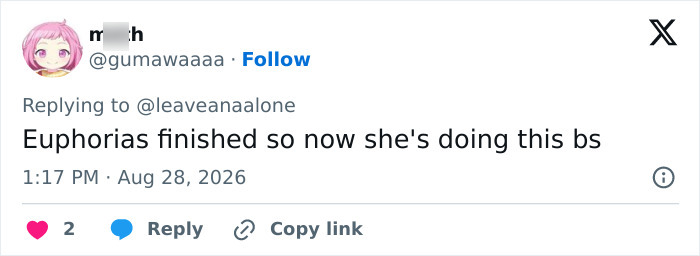 Twitter comment slamming Sydney Sweeney's SYRN lingerie video, suggesting it's due to Euphoria ending.