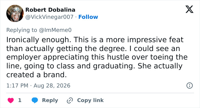 A tweet praising an influencer for creating a brand, despite lying about her career journey, highlighting career journey perception. A tweet praising an influencer for creating a brand, despite lying about her career journey, highlighting career journey perception.