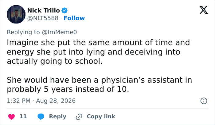 Influencer's career journey deception: A tweet from Nick Trillo suggests she could have been a PA in 5 years. Influencer's career journey deception: A tweet from Nick Trillo suggests she could have been a PA in 5 years.