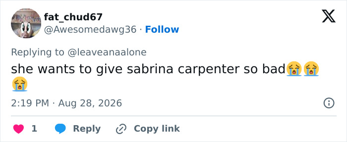 A social media comment criticizing Sydney Sweeney's lingerie video and suggesting she wants to emulate Sabrina Carpenter.