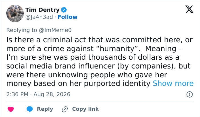 Screenshot of a tweet by Tim Dentry questioning criminal acts related to an influencer's career journey. Screenshot of a tweet by Tim Dentry questioning criminal acts related to an influencer's career journey.