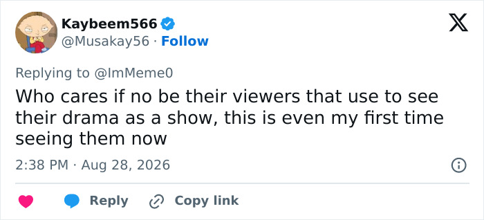 A tweet from Kaybeem566 about viewers seeing influencer drama as a show, concerning lying about career journeys. A tweet from Kaybeem566 about viewers seeing influencer drama as a show, concerning lying about career journeys.