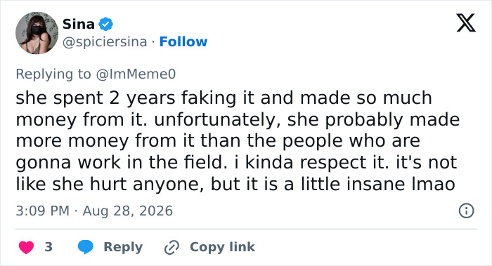 A tweet about an influencer faking her career journey and making money, sparking discussion about influencer lying. A tweet about an influencer faking her career journey and making money, sparking discussion about influencer lying.