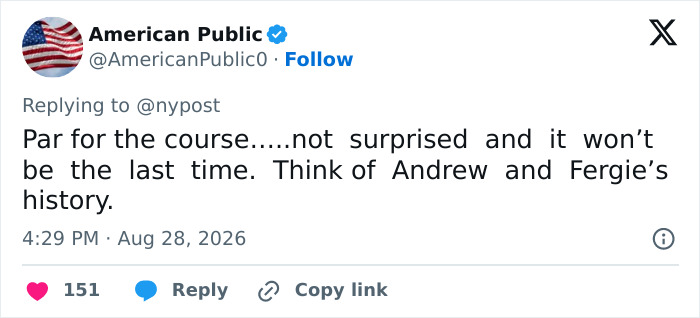 A tweet from American Public about financial aid for Prince Harry and Meghan Markle's UK move, referencing Andrew and Fergie's history. A tweet from American Public about financial aid for Prince Harry and Meghan Markle's UK move, referencing Andrew and Fergie's history.
