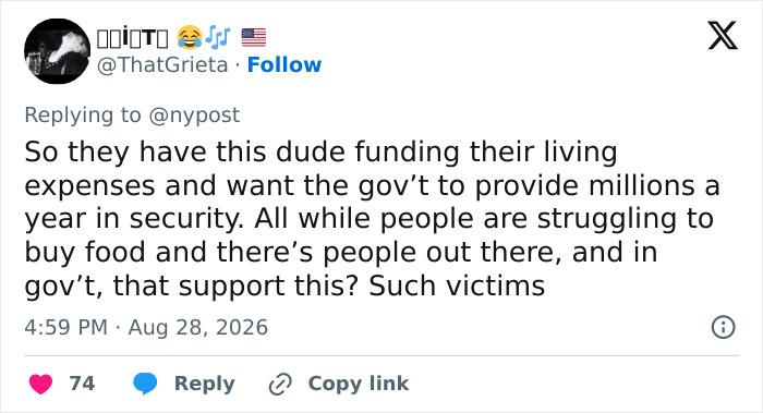 A tweet from ThatGrieta criticizing the financial aid for Prince Harry and Meghan Markle's UK move and government support. A tweet from ThatGrieta criticizing the financial aid for Prince Harry and Meghan Markle's UK move and government support.