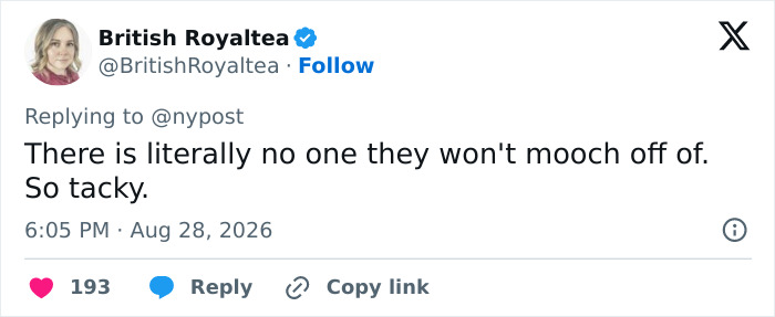 Screenshot of a tweet regarding financial aid for Prince Harry and Meghan Markle, stating negative opinions. Screenshot of a tweet regarding financial aid for Prince Harry and Meghan Markle, stating negative opinions.