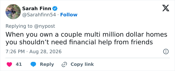 A tweet from Sarah Finn commenting on financial aid for Prince Harry and Meghan Markle's UK move and owning multi-million dollar homes. A tweet from Sarah Finn commenting on financial aid for Prince Harry and Meghan Markle's UK move and owning multi-million dollar homes.