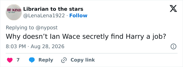 Tweet asking about Ian Wace helping Harry, related to financial aid for Prince Harry's UK move. Tweet asking about Ian Wace helping Harry, related to financial aid for Prince Harry's UK move.