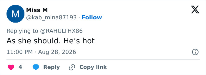 A social media comment about Kendall Jenner and Jacob Elordi's romance, stating, As she should. He's hot. A social media comment about Kendall Jenner and Jacob Elordi's romance, stating, As she should. He's hot.