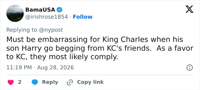 Screenshot of a tweet discussing financial aid for Prince Harry and Meghan Markle's UK move. Screenshot of a tweet discussing financial aid for Prince Harry and Meghan Markle's UK move.