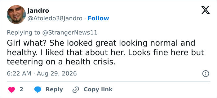 A social media comment expressing concern over Millie Bobby Brown's weight loss transformation, facing scrutiny. A social media comment expressing concern over Millie Bobby Brown's weight loss transformation, facing scrutiny.