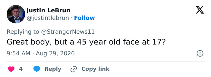 Screenshot of a social media comment criticizing Millie Bobby Brown's face at 17 after weight loss transformation. Screenshot of a social media comment criticizing Millie Bobby Brown's face at 17 after weight loss transformation.