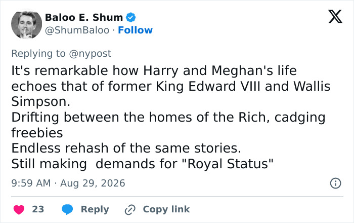 A tweet from Baloo E. Shum comparing Prince Harry and Meghan Markle's financial situation to King Edward VIII and Wallis Simpson. A tweet from Baloo E. Shum comparing Prince Harry and Meghan Markle's financial situation to King Edward VIII and Wallis Simpson.