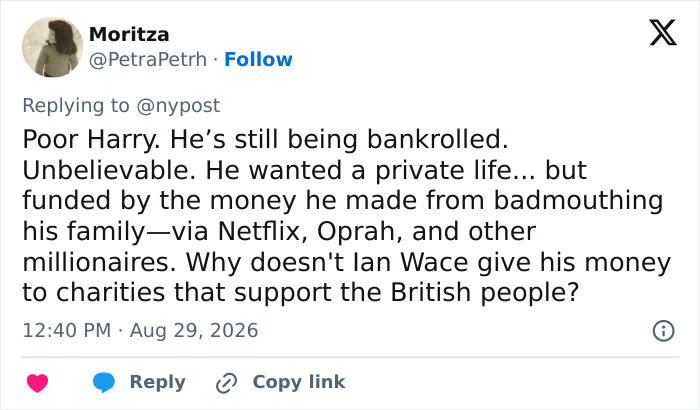 A tweet about financial aid for Prince Harry and Meghan Markle's UK move. A tweet about financial aid for Prince Harry and Meghan Markle's UK move.