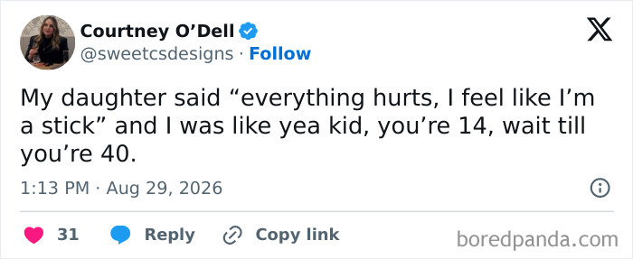 A tweet about a daughter saying everything hurts, a funny moment about raising kids.
