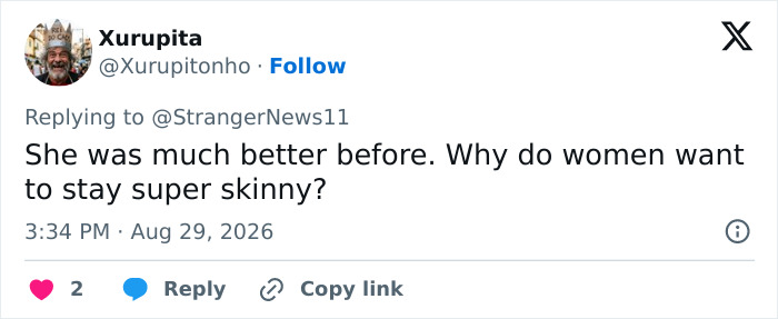 A social media comment criticizing Millie Bobby Brown's weight loss transformation, facing scrutiny. A social media comment criticizing Millie Bobby Brown's weight loss transformation, facing scrutiny.