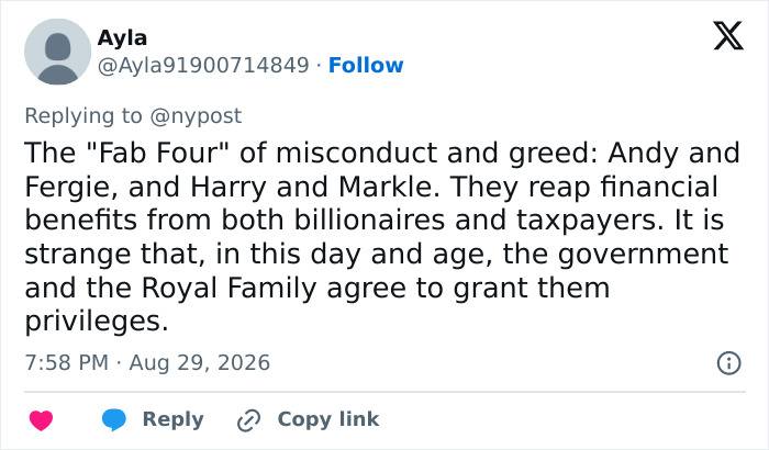 A tweet from Ayla discussing the financial aid for Prince Harry and Meghan Markle's UK move, mentioning the Fab Four. A tweet from Ayla discussing the financial aid for Prince Harry and Meghan Markle's UK move, mentioning the Fab Four.