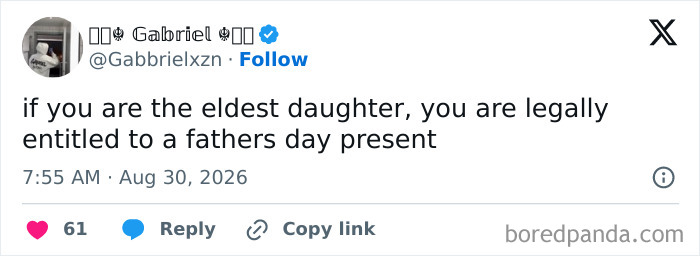 A tweet about eldest daughters being entitled to Fathers Day presents, highlighting the comedy of raising kids.