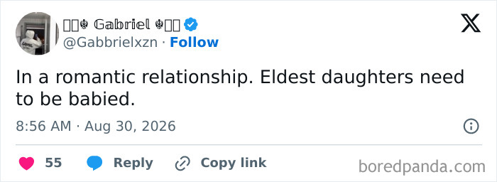 A tweet about eldest daughters needing to be babied in relationships, reflecting the comedy of raising kids.