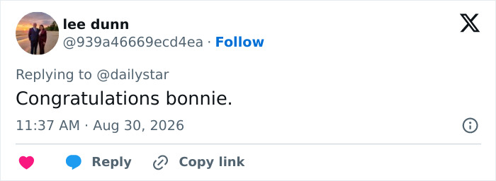 A tweet from lee dunn congratulates Bonnie Blue on giving birth to a healthy baby. A tweet from lee dunn congratulates Bonnie Blue on giving birth to a healthy baby.