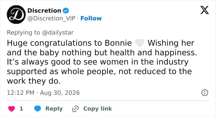 A tweet from Discretion congratulates Bonnie Blue and her baby, wishing health and happiness. A tweet from Discretion congratulates Bonnie Blue and her baby, wishing health and happiness.
