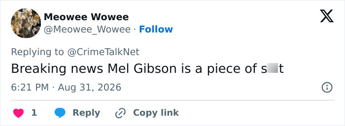 Meowee Wowee's tweet about Mel Gibson facing furious backlash for mocking deaf interpreter. Meowee Wowee's tweet about Mel Gibson facing furious backlash for mocking deaf interpreter.