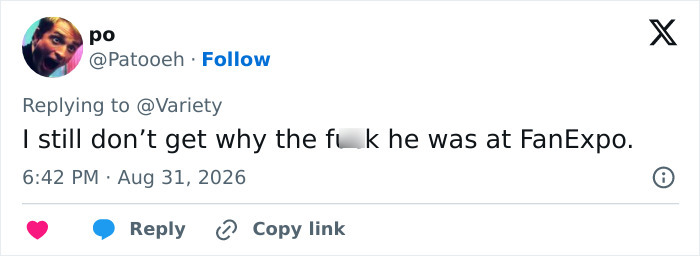 A tweet from @Patooeh questioning Mel Gibson's presence at Fan Expo after mocking a deaf interpreter. A tweet from @Patooeh questioning Mel Gibson's presence at Fan Expo after mocking a deaf interpreter.