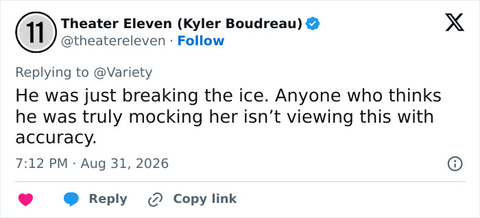 A tweet from Theater Eleven defending Mel Gibson, stating he wasn't mocking the deaf interpreter at Fan Expo. A tweet from Theater Eleven defending Mel Gibson, stating he wasn't mocking the deaf interpreter at Fan Expo.