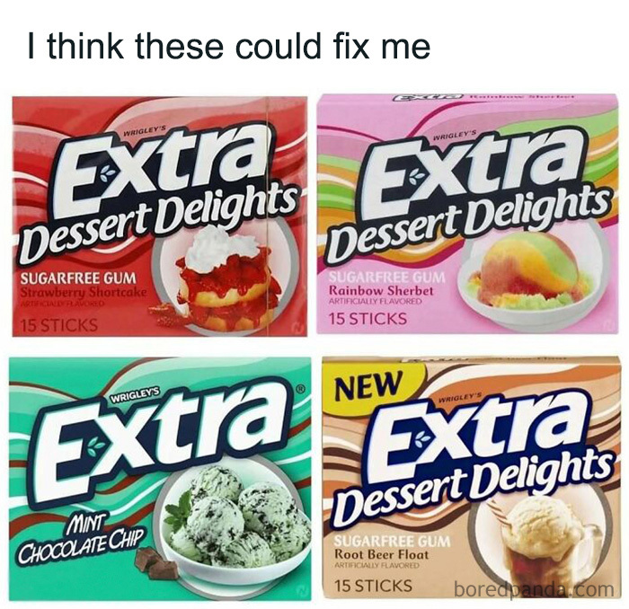 Four packs of Extra Dessert Delights gum, a nostalgic treat from the 90s and 00s.