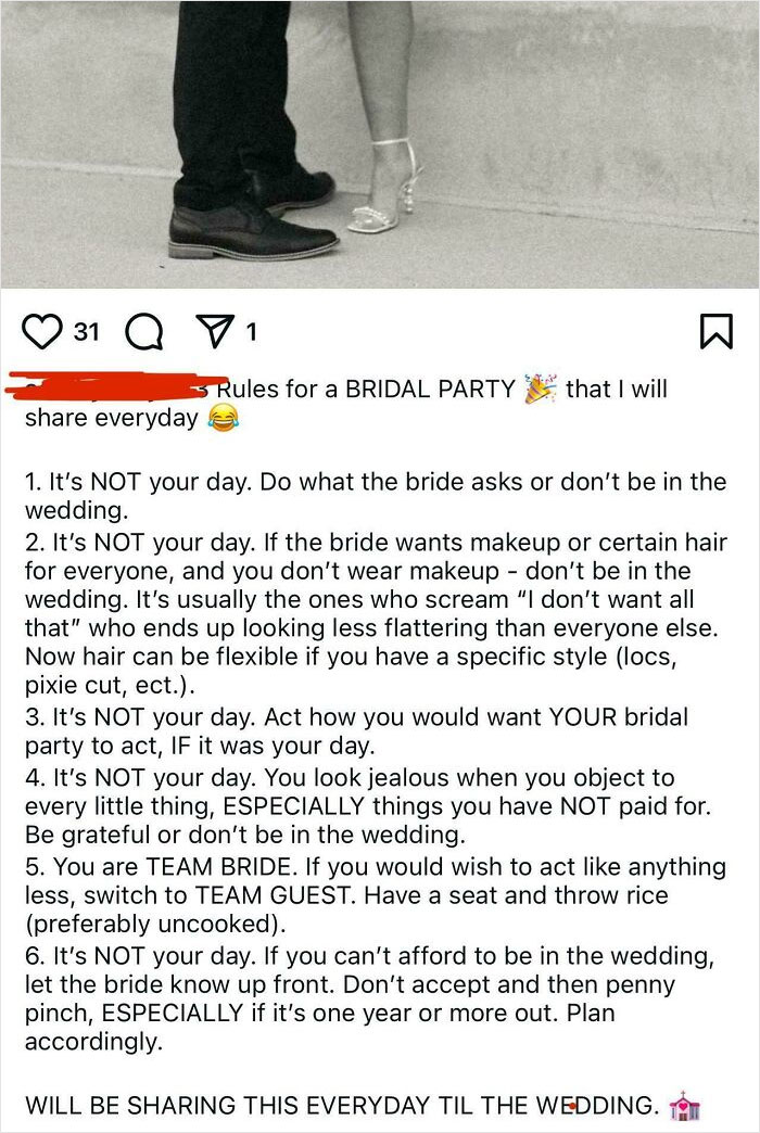 A list of rules for a bridal party, detailing how guests should behave on the wedding day.