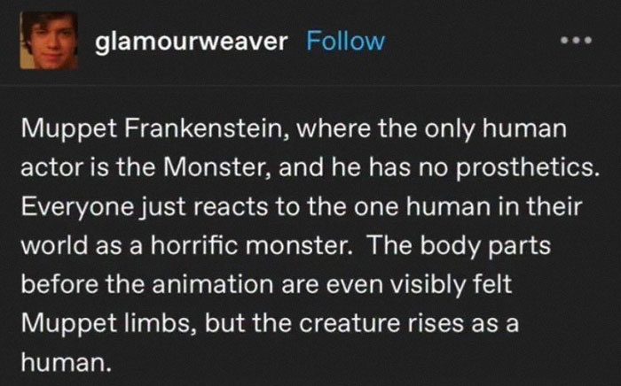 A Tumblr post about a hypothetical Muppet Frankenstein, offering a humorous take on shared content.