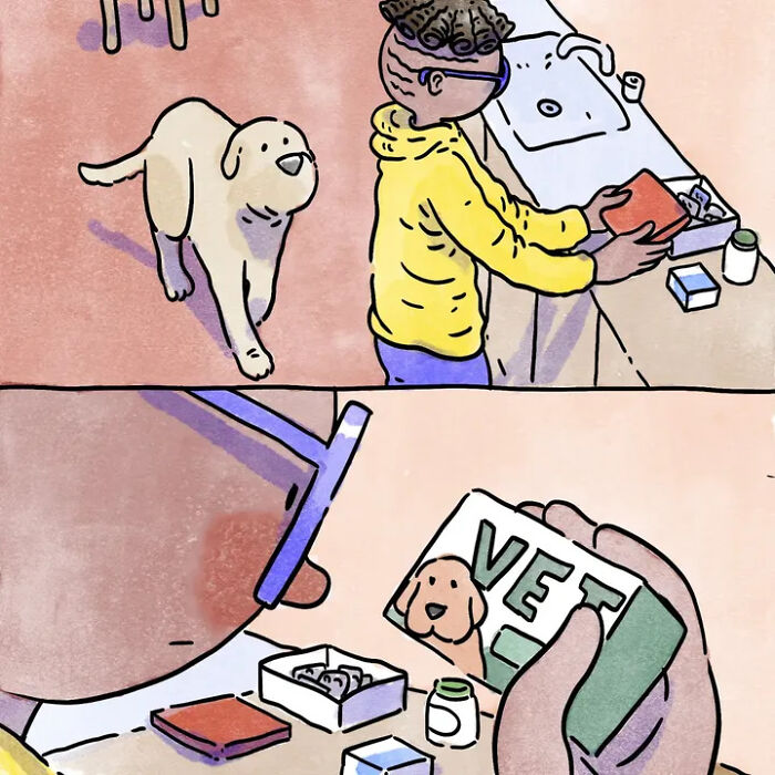 A comic of a person giving medicine to their pet dog, depicting life with pets. A comic of a person giving medicine to their pet dog, depicting life with pets.