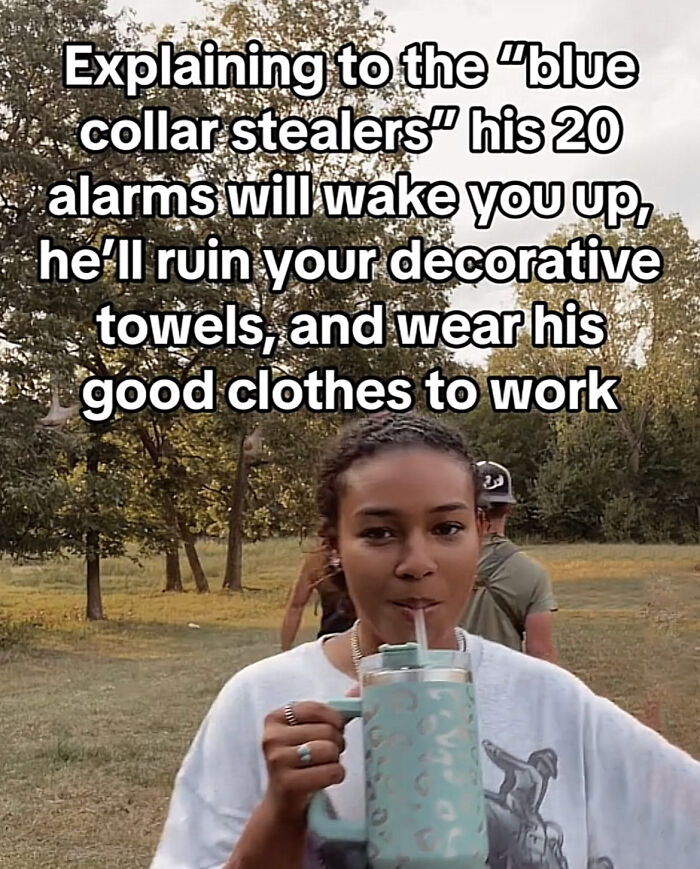 A woman explaining characteristics of blue-collar husbands in a social media video. A woman explaining characteristics of blue-collar husbands in a social media video.