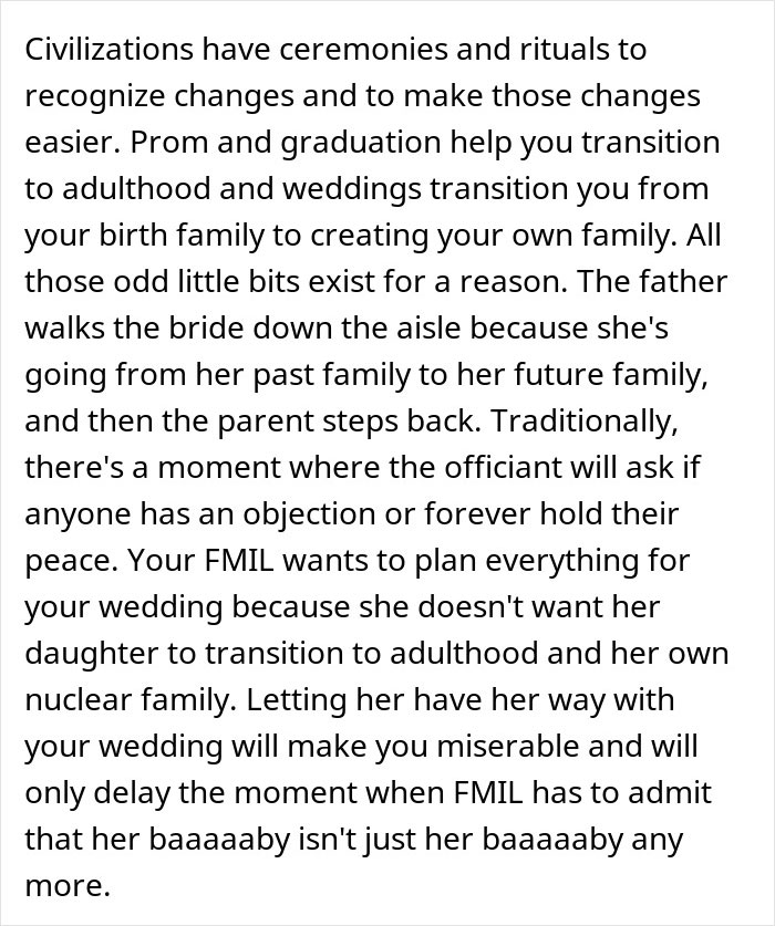 Text explaining wedding rituals and traditions, highlighting the future MIL's desire to control the wedding. Text explaining wedding rituals and traditions, highlighting the future MIL's desire to control the wedding.