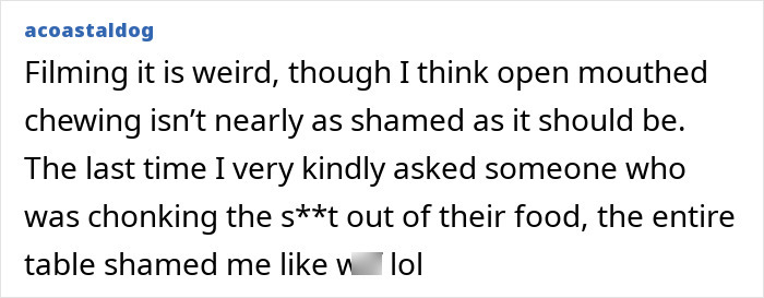 A Reddit user shares an experience about confronting someone for chewing with their mouth open on a plane.