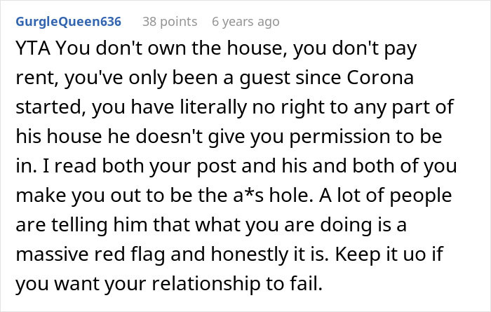 A social media comment from GurgleQueen636, criticizing a woman for disrespecting boundaries in her partner's house.