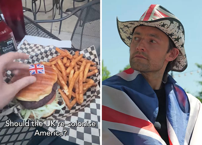A burger with a UK flag and a man in a Union Jack cowboy hat, juxtaposing British culture with American food in One Bar, Two Americas.