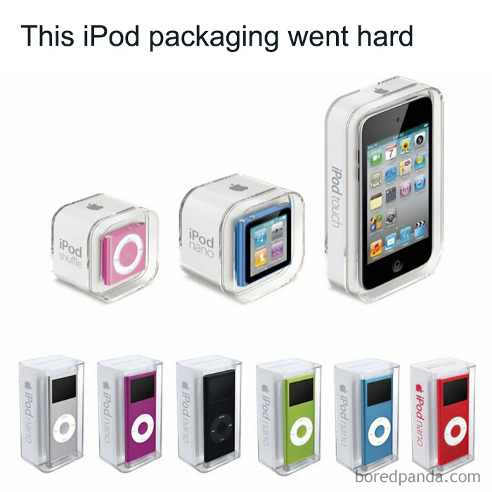 Nostalgia for the 90s and 00s: A display of colorful iPods in their original packaging.