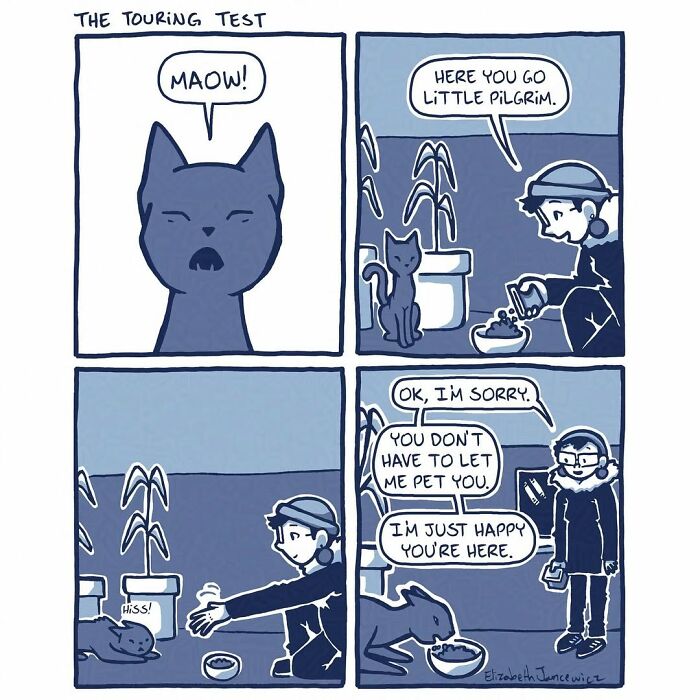 A heartwarming comic series showing an artist feeding and trying to pet a stray cat who hisses at them. A heartwarming comic series showing an artist feeding and trying to pet a stray cat who hisses at them.