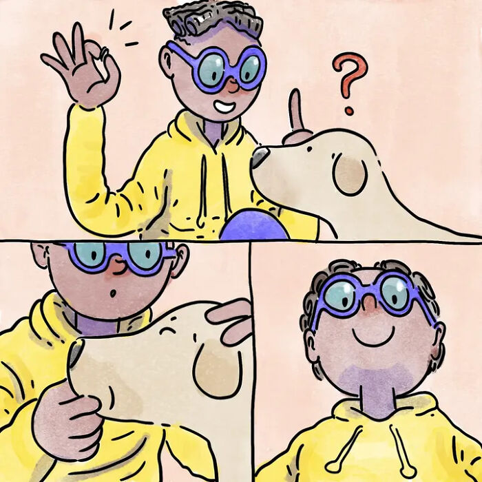 A comic of a person making an OK gesture and their pet dog licking their face, showcasing life with pets. A comic of a person making an OK gesture and their pet dog licking their face, showcasing life with pets.