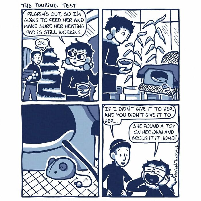 A heartwarming comic series showing an artist checking on a stray cat's heating pad and finding a toy it brought home. A heartwarming comic series showing an artist checking on a stray cat's heating pad and finding a toy it brought home.