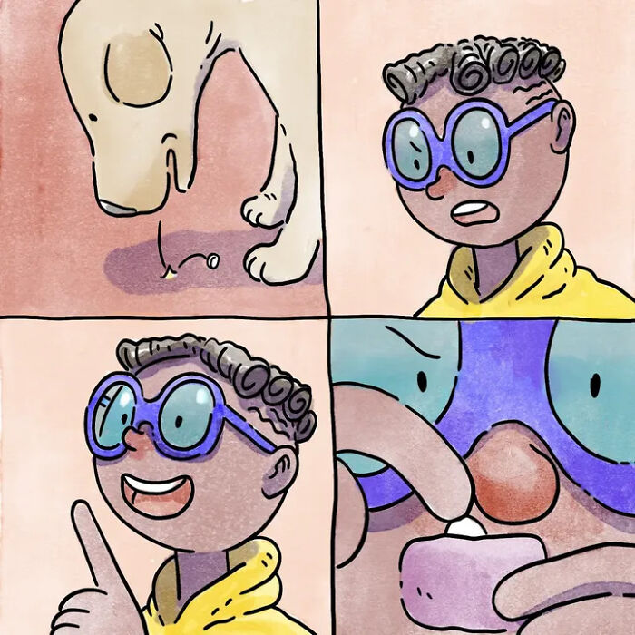 Heartwarming comics capture life with pets, featuring a person sharing a treat with a dog, then surprised by its size. Heartwarming comics capture life with pets, featuring a person sharing a treat with a dog, then surprised by its size.