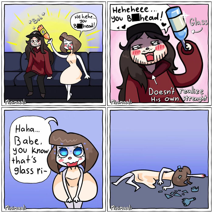 A Minimaali comic showing a couple's absurd interaction, with one playfully hitting the other with a glass bottle, leading to a broken bottle.