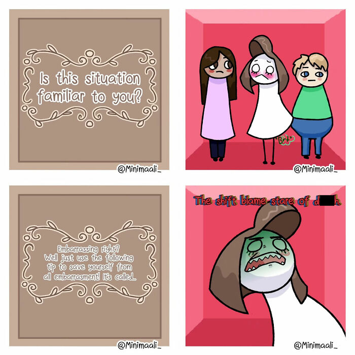 A Minimaali comic illustrating the anxiety of social situations, with a woman looking embarrassed, and another woman with a disgusted expression.