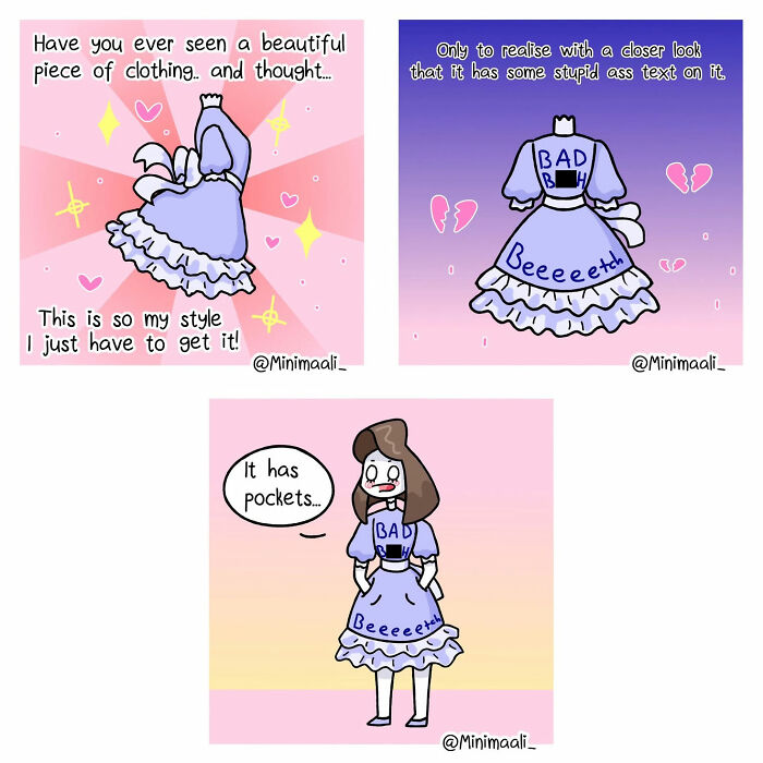 A Minimaali comic illustrating the absurd side of clothing, showing a dress with a bad text and then highlighting its pockets.